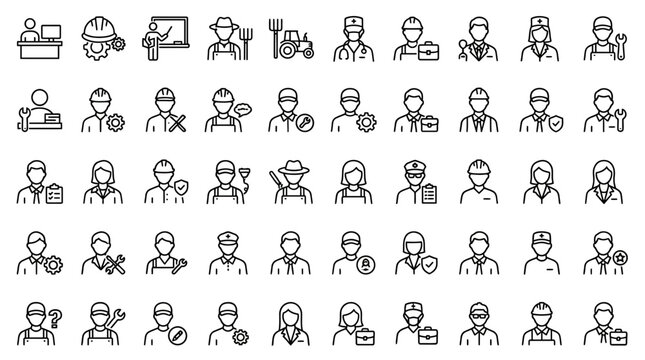 Professional occupations and job roles line icon set with occupations, employees