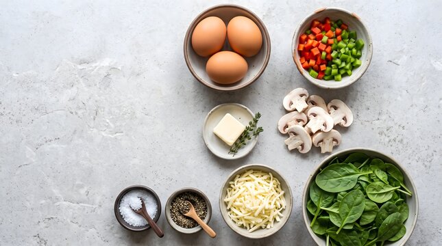 Fresh ingredients for healthy breakfast or omelet prep top view with mushrooms breakfast ingredients vegetables nutrition culinary