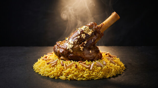 Fine Dining Lamb Kabsa on Fragrant Rice with Golden Hour Moody Lighting