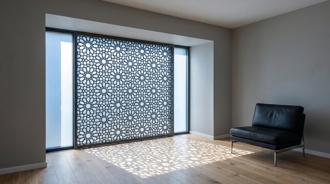 Luxury Empty Living Room with Decorative Screen and Sunlight
