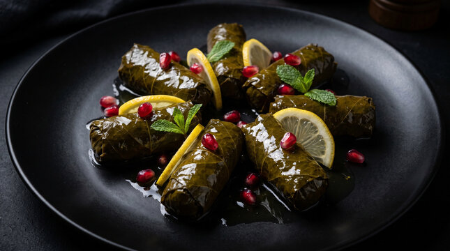 Gourmet Stuffed Grape Leaves Mahshi Plated on Matte Black Ceramic with Pomegranate