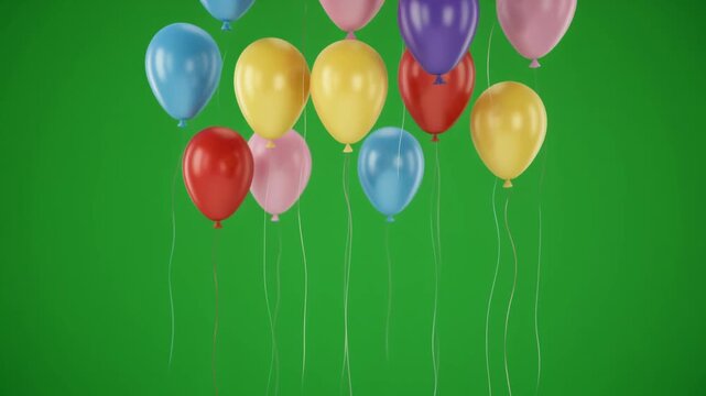 A group of vibrant, multi-colored balloons floating upwards against a clean green screen background. Ideal for celebration, birthday, or party-themed video projects.