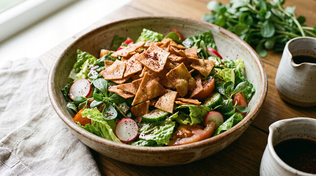 Vibrant Gourmet Fattoush Salad with Pomegranate Molasses and Fried Pita Chips