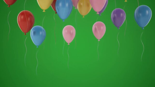 An animation of vibrant multi-colored balloons floating upwards against a green screen. Perfect for adding a festive, celebratory atmosphere to your video projects.