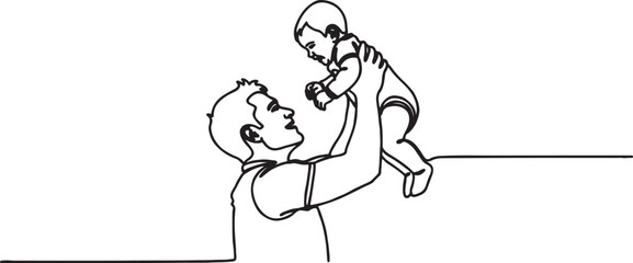 Fototapeta premium Minimalist line art illustration of a father holding his baby high over a horizontal ledge with parenting minimalist illustration monochrome affection togetherness upbringing stylized