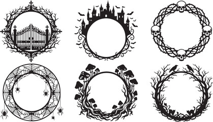 Fototapeta premium Halloween wreath frames, 6 black and white vector illustrations, circular borders, seasonal decorations, clip art set