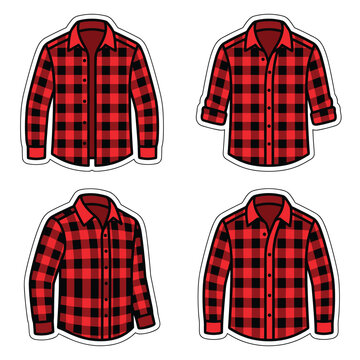 Collection of lumberjack plaid shirts, button-up shirts with collars, open and rolled sleeves, graphic icon set, casual fashion elements