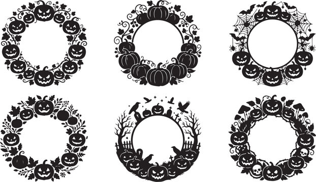 Halloween wreath frames, black vector borders, spooky illustrations, 6 circular designs
