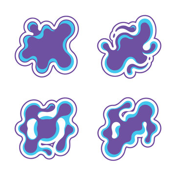 Set of four abstract purple and blue liquid splash shapes, cartoon style, isolated on white background, dynamic fluid elements