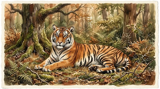 Majestic Tiger Resting Serene in Lush Forest Landscape.