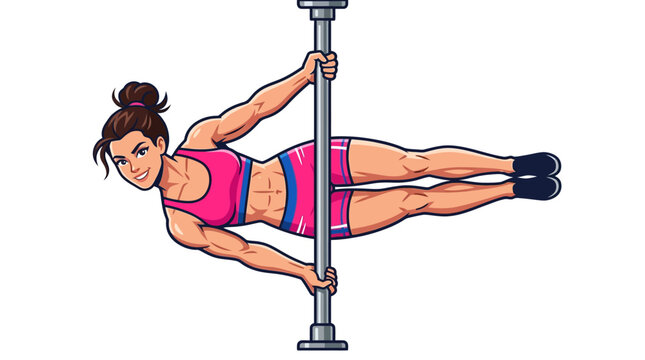 Pole dancer performs a complex horizontal hold on a metallic vertical apparatus while wearing athletic workout gear.