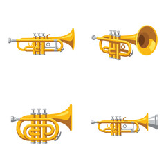 Obraz premium Set of four golden brass trumpets, vector icons, musical instruments, isolated on white