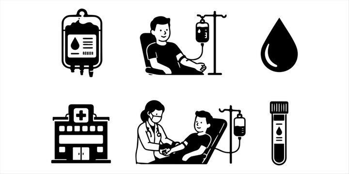 Blood Donation and Transfusion Solid Black Icon Set &ndash; Blood Bag, Donor, Hospital and Healthcare Vector Collection. Blood Bank and Healthcare Solid Vector Icons &ndash; Blood Donation, Medical Transfusion, 