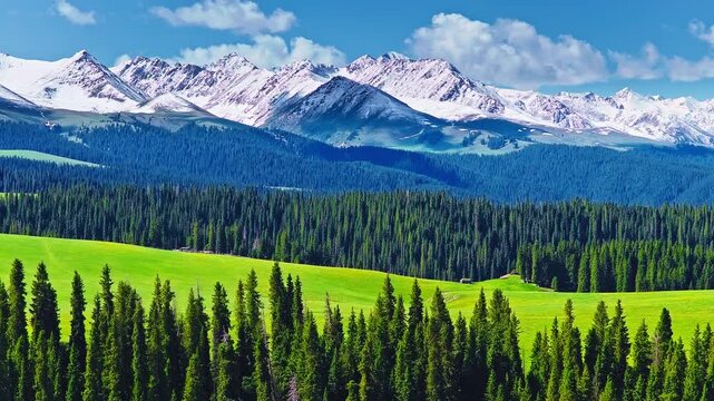 Scenic view of Kalajun Grassland in Xinjiang, China, with lush green meadows, pine forests, and snow-capped Tianshan mountains under a blue sky.