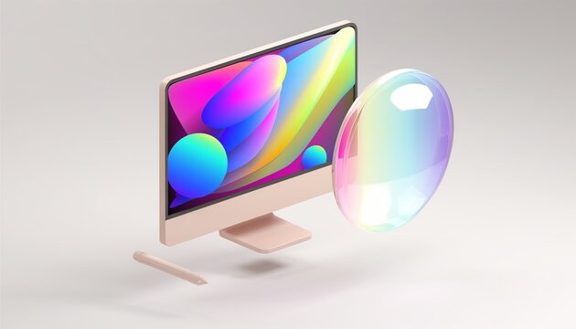 3D isometric illustration of a floating premium sleek desktop computer monitor showing abstract design beside a translucent color palette wheel and digital stylus