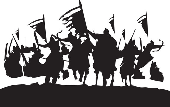 Epic battle scene silhouette of ancient warriors on horseback holding flags and weapons charging across battlefield for historical storytelling.