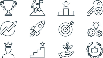 Fototapeta premium Business success outline icon collection featuring achievement growth leadership target innovation strategy and goal line vector illustration