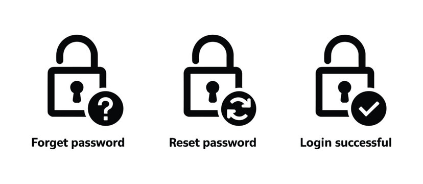 Security Icons Set. A clean graphic representation displays three distinct lock icons symbolizing password management: forget password with a question mark, reset password with refresh arrows.