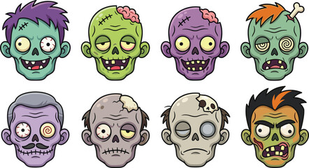 Cartoon zombie head collection featuring spooky undead monster faces with creepy expressions for Halloween horror vector illustration © Prodip