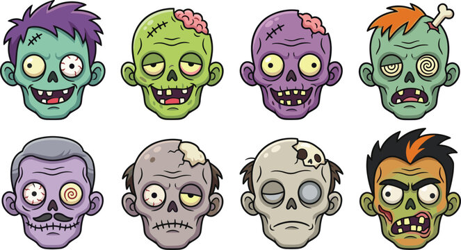 Cartoon zombie head collection featuring spooky undead monster faces with creepy expressions for Halloween horror vector illustration