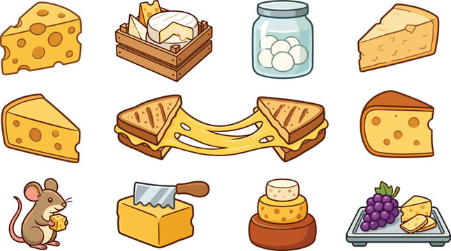 Cheese collection featuring Swiss cheddar brie mozzarella grilled cheese sandwich artisan dairy products and gourmet vector illustration