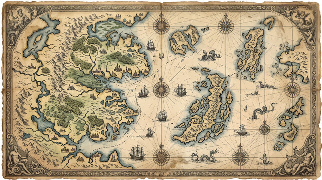 Fantasy archipelago map vintage parchment style game asset illustration