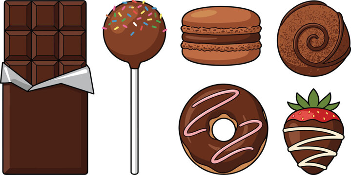 Chocolate dessert collection featuring chocolate bar, cake pop, macaron, donut and chocolate covered strawberry vector illustration