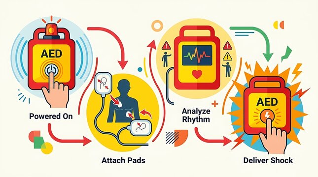 Infographic showing emergency aed device usage instructions