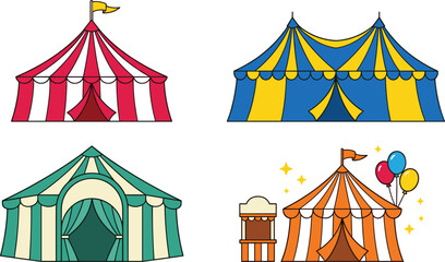 Circus tent collection featuring colorful carnival tents, big top pavilions and festive fair event structures vector illustration © Prodip