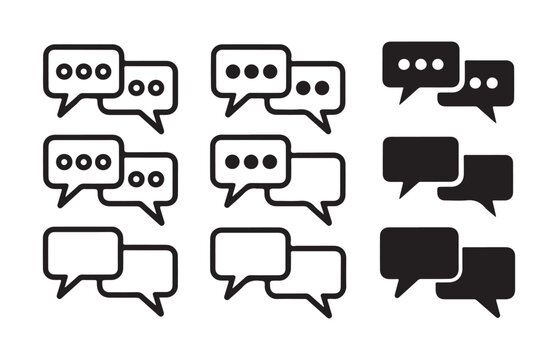 Set of black linear and filled speech bubble icons isolated on white background for web chat design.