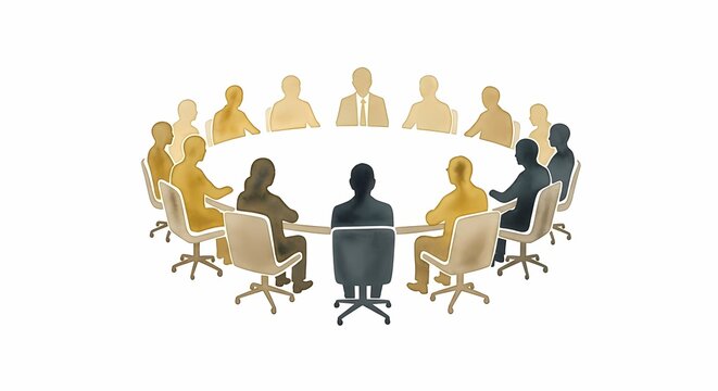 Business professionals sitting around a large circular table for a collaborative team meeting to discuss corporate strategy and share ideas for growth while seeking consensus during the
