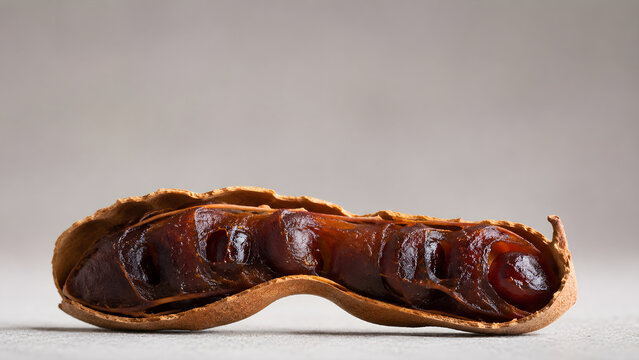 Macro view of an open tamarind pod revealing dark pulp