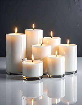 Group of lit white candles on table.