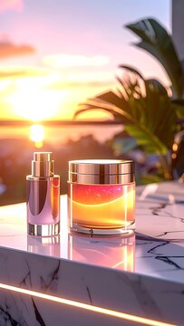 Luxury skincare products on marble surface.