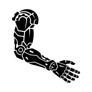 A collection of robotic limb designs featuring prosthetic hand and bionic leg icons for cybernetic prosthesis and futuristic medical engineering