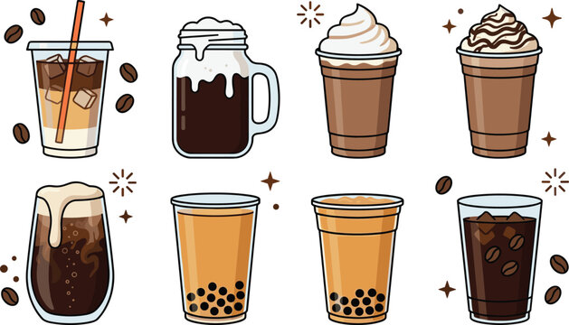 Coffee drinks collection featuring iced coffee, bubble tea, frappes, whipped coffee and creamy cafe beverages vector illustration