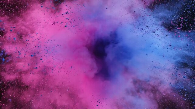Vibrant pink and blue smoke explodes in a dark environment.