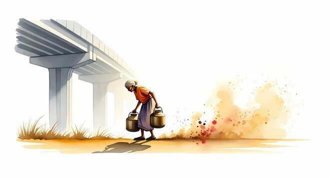 Dust Storm Approaching Rural Village, Grandmother Carrying Water Jugs in Arid Landscape