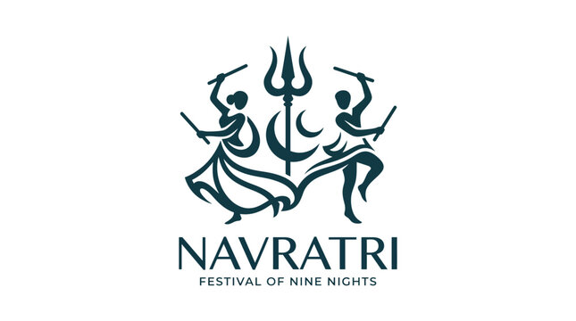 Navratri festival vector logo design featuring dancing couple with Dandiya sticks and holy Trishul symbol
