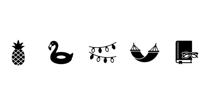 Black icons of summer vacation objects