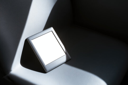 Electronic reader on gray transit seat with bright blank screen and diagonal sunlight, minimal modern still life with clean shadow and copy space
