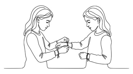 Fototapeta premium Two girls tying friendship bracelets, single line art, connection and bond