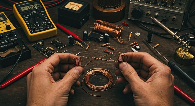 Person working with electronics components and tools overhead shot