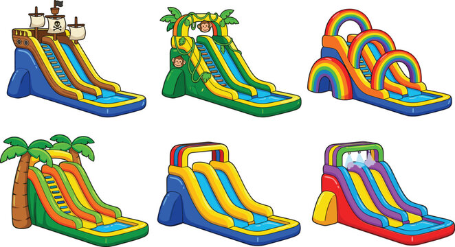 Colorful inflatable water slide collection featuring tropical pirate rainbow and kids playground designs for summer fun vector illustration