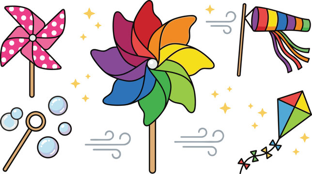 Colorful pinwheel and windy day vector collection featuring rainbow pinwheels bubbles kite windsock and playful outdoor illustrations