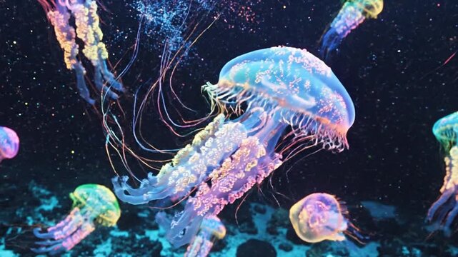 Vibrant jellyfish float gently underwater in dark ocean waters.