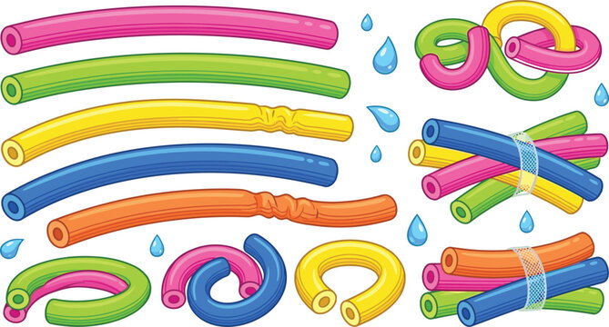 Colorful pool noodle collection featuring floating foam water tubes for swimming pool games summer fun and aquatic recreation vector illustration