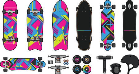 Colorful skateboard collection featuring cruiser longboard deck designs with trucks wheels helmet and skateboarding accessories vector illustration © Prodip