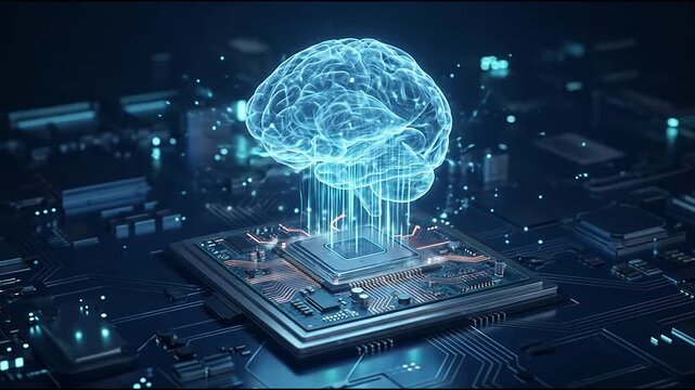 Glowing digital brain hologram rising from computer processor chip