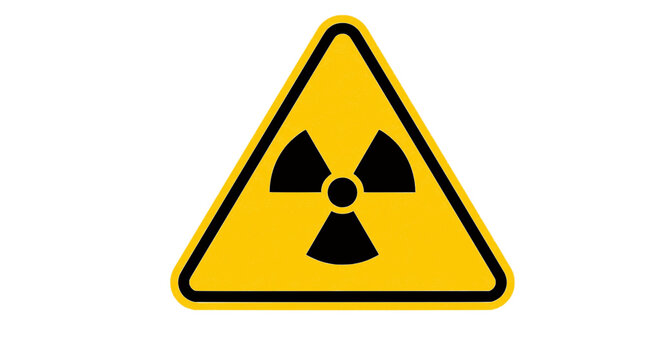 A black radiation trefoil symbol centered in a yellow equilateral triangle with a black border. Ideal for safety manuals, laboratory posters, or science educational materials.